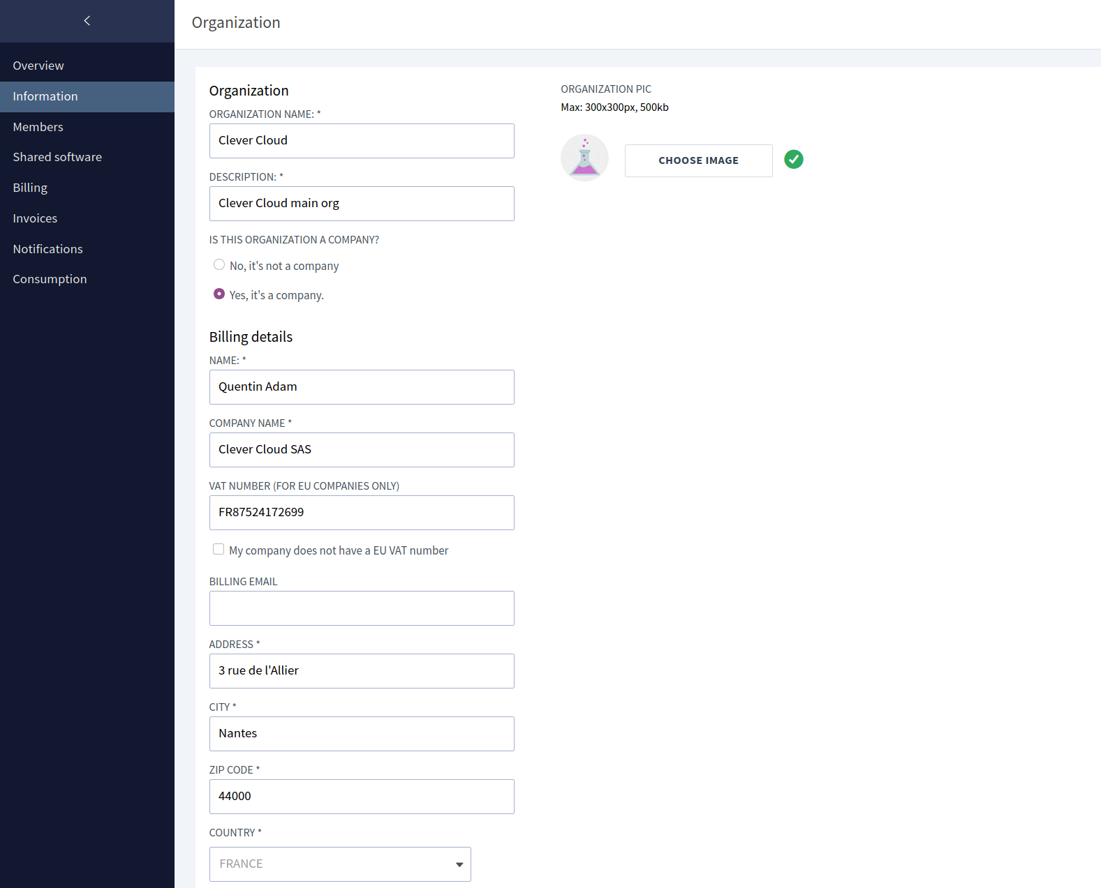 Clever Cloud Console: “Information menu from the organisation”